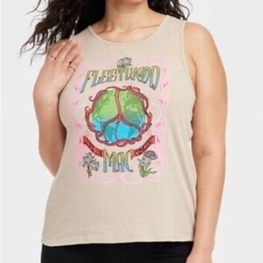 Fleetwood Mac Graphic Tank Top‎ Women's 1X Tan Ribbed Live In Concert Peace Sign